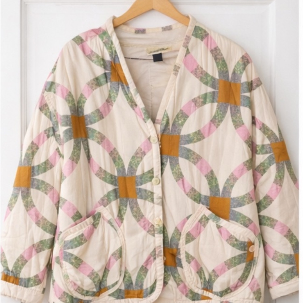 Unique Universal Thread Quilted Jacket in Cream with Pink, Green & Gold Accents